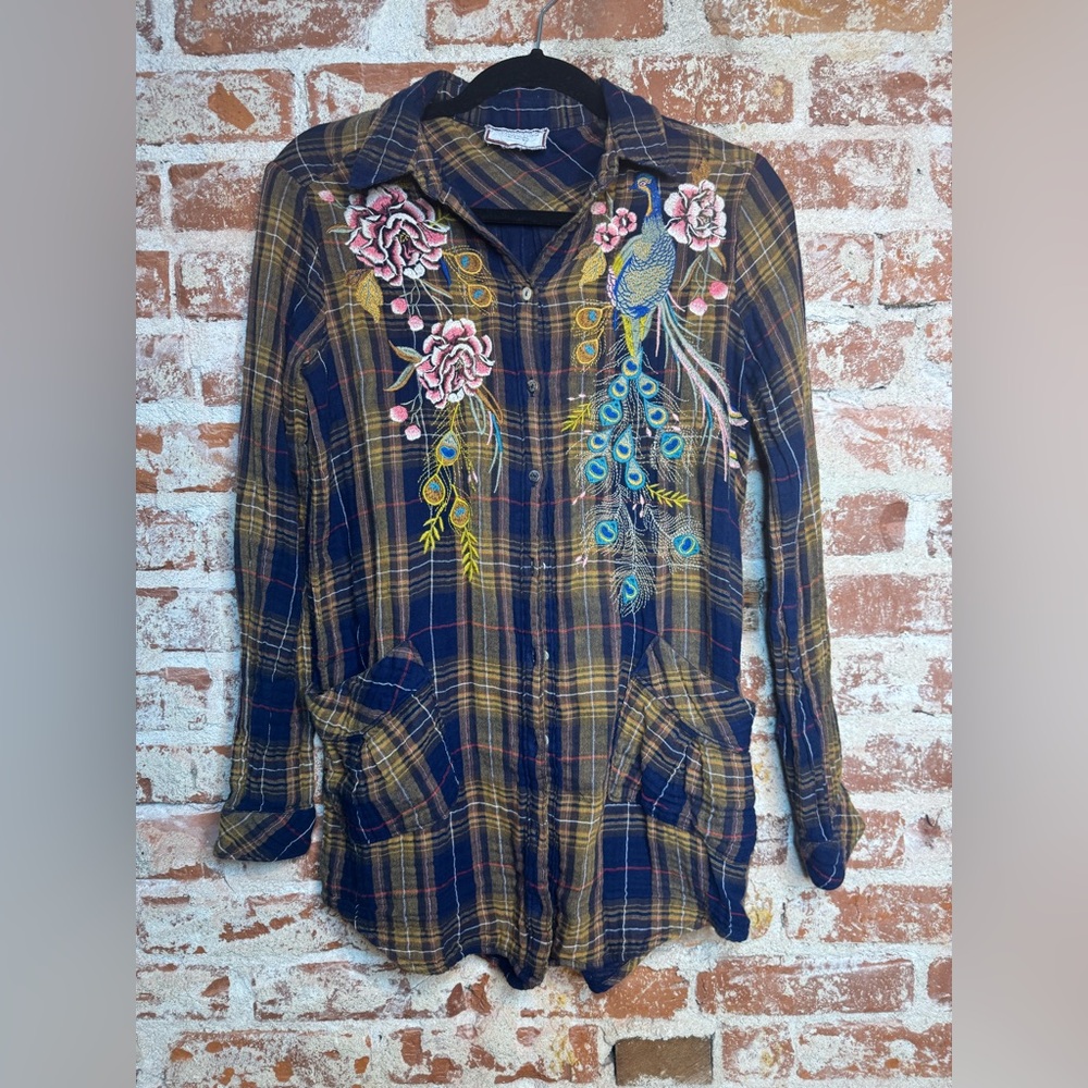 JOHNNY WAS Embroidered Plaid Quito Painters Smock Tunic Flannel Shirt